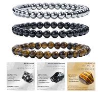 Bivei 3-Piece 4mm Beaded Bracelets for Women - Hematite, Black Tourmaline, Tiger Eye - Handmade Natural Crystal Stretch Elastic Jewelry for Meditation, Yoga, Protection Gifts