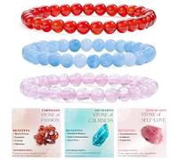 Bivei 3-Piece 6mm Beaded Bracelets for Women - Carnelian, Aquamarine, Rose Quartz - Handmade Natural Crystal Stretch Elastic Jewelry for Meditation, Yoga, Protection Gifts