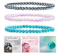 Bivei 3-Piece 6mm Beaded Bracelets for Women - Hematite, Rose Quartz, Green Turquoise - Handmade Natural Crystal Stretch Elastic Jewelry for Meditation, Yoga, Protection Gifts
