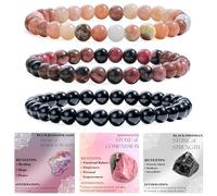 Bivei 3-Piece 6mm Beaded Bracelets for Women - Plum Blossom Jade, Rhodonite, Black Obsidian - Handmade Natural Crystal Stretch Elastic Jewelry for Meditation, Yoga, Protection Gifts