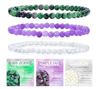 Bivei 3-Piece 6mm Beaded Bracelets for Women - Ruby Zoisite, Purple Jade, White Jade - Handmade Natural Crystal Stretch Elastic Jewelry for Meditation, Yoga, Protection Gifts