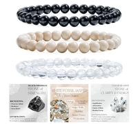 Bivei 3-Piece 8mm Beaded Bracelets for Women - Black Obsidian, White Fossil Jasper, Clear Quartz - Handmade Natural Crystal Stretch Elastic Jewelry for Meditation, Yoga, Protection Gifts