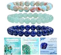 Bivei 3-Piece 8mm Beaded Bracelets for Women - Lizardite, Green Aventurine, Lapis Lazuli - Handmade Natural Crystal Stretch Elastic Jewelry for Meditation, Yoga, Protection Gifts