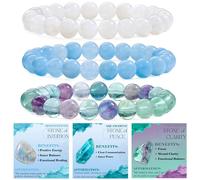 Bivei 3-Piece 8mm Beaded Bracelets for Women - Moonstone, Aquamarine, Fluorite - Handmade Natural Crystal Stretch Elastic Jewelry for Meditation, Yoga, Protection Gifts