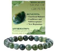 Bivei Moss Agate - Growth - Crystal Bracelet for Women 8mm Beaded Semi Precious Natural Stone Stretch Elastic Jewelry Yoga Gifts Large