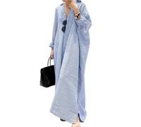 BIVENANT Button Down Shirt Dress for Womens Cotton Linen Long Sleeve Maxi Dress Striped Casual Loose Fit Dress with Pockets, A02 Blue, L