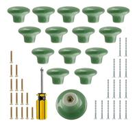 Bivethoi 15 Pcs Round Ceramic Knobs, Green Mushroom Shape Drawer Knobs Button Cupboard Pull Handles with Screws and Screwdriver for Cabinet Home Kitchen Hardware, Dia.38mm (1-1/2inch)