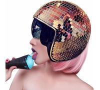 Bivwopei Disco Ball Helmet,Disco Ball Hat,Mirror Glitter Ball Helmets,With Retractable Visor,for DJ Party (Rose gold)