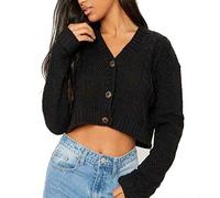BIWTUP Womens 3 Button Crop Cable Knitted Cardigan Ladies Long Sleeve Short Length Top (Black, UK 12-14 M/L)