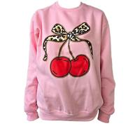 BIWTUP Womens Bow Leopard Cherry Print Long Sleeve Sweatshirts Jumper Womens Cherries Graphic Printed Baggy Jumper Crew Neck Pullovers Sweater Top Pink