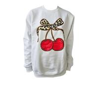 BIWTUP Womens Bow Leopard Cherry Print Long Sleeve Sweatshirts Jumper Womens Cherries Graphic Printed Baggy Jumper Crew Neck Pullovers Sweater Top White