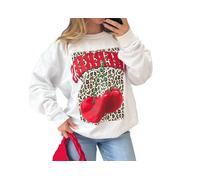 BIWTUP Womens Cherries Leopard Print Pullover Baggy Sweatshirt Ladies Long Sleeve Fashion Jumper Summer Casual Wear Dress White