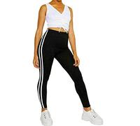 BIWTUP Womens Contrast 2 Side Stripe Stretchy Skinny Gym Leggings Ladies Pants Trousers (Black 2 Side Stripe, UK 12-14 M/L)