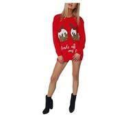BIWTUP Womens Hands Off My Puddings Knitted Xmas Jumper Ladies Two Cupcakes Printed Christmas Jumper Red