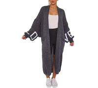 BIWTUP Womens Love Print Balloon Sleeve Knitted Maxi Cardigan Womens Two Front Pockets Baggy Warm Long Line Cardigan Charcoal
