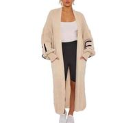 BIWTUP Womens Love Print Balloon Sleeve Knitted Maxi Cardigan Womens Two Front Pockets Baggy Warm Long Line Cardigan Beige