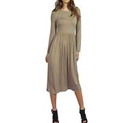BIWTUP Womens Plain Long Sleeve Jersey Midi Dress Ladies Pleated Flared Skater Swing Dress