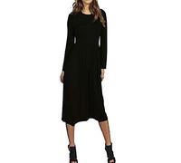 BIWTUP Womens Plain Long Sleeve Jersey Midi Dress Ladies Pleated Flared Skater Swing Dress Black