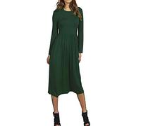 BIWTUP Womens Plain Long Sleeve Jersey Midi Dress Ladies Pleated Flared Skater Swing Dress Dark Green