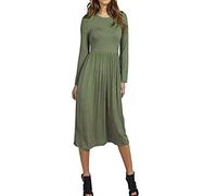 BIWTUP Womens Plain Long Sleeve Jersey Midi Dress Ladies Pleated Flared Skater Swing Dress Khaki