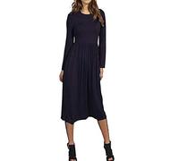 BIWTUP Womens Plain Long Sleeve Jersey Midi Dress Ladies Pleated Flared Skater Swing Dress Navy