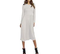 BIWTUP Womens Plain Long Sleeve Jersey Midi Dress Ladies Pleated Flared Skater Swing Dress White