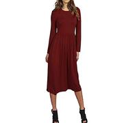 BIWTUP Womens Plain Long Sleeve Jersey Midi Dress Ladies Pleated Flared Skater Swing Dress Wine