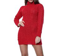 BIWTUP Womens Polo High Neck Cable Knitted Jumper Dress Ladies Long Sleeve Long Tunic Bodycon Mini Jumper Dress 8-22 Red
