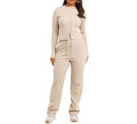BIWTUP Womens Ribbed Long Sleeve Button Up Cardigan Top And Flared Bottom Pocket Trouser Lounge Wear Tracksuit Ladies Winter Wear 2pc Co Ord Set