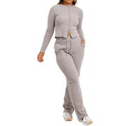 BIWTUP Womens Ribbed Long Sleeve Button Up Cardigan Top And Flared Bottom Pocket Trouser Lounge Wear Tracksuit Ladies Winter Wear 2pc Co Ord Set