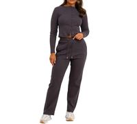 BIWTUP Womens Ribbed Long Sleeve Button Up Cardigan Top And Flared Bottom Pocket Trouser Lounge Wear Tracksuit Ladies Winter Wear 2pc Co Ord Set