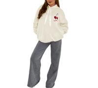 BIWTUP Womens Ruched Sleeve Cherry Perfection Print Ribbon Hoodie Ladies Front Pockets Soft Warm Loose Fit Stretchy Stylish Winter Hooded Top Cream