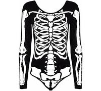 BIWTUP Womens Skeleton Bones Print Halloween Leotard Ladies Long Sleeve Scoop Neckline Bodysuit Top