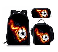 Biyejit 3Pcs Boys Burning Soccer Backpack Set with Lunch Box Pencil Case, Football School Book Bag for Kids Elementary Preschool Teenager Gym Sport Casual Daypack