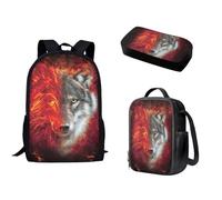 Biyejit 3pcs Cool Fire Red Wolf Kids Backpack Set with School Bag, Pencil Case, Lunch Bag Boys Backpack for Preschool Elementary Kindergarten School Bag Casual Daypack