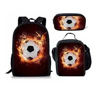 Biyejit 3Pcs Fire Soccer Boys School Backpack Set with Pencil Case and Lunch Box Elementary Kids Student Bookbag Travel Casual Rucksack