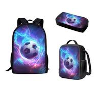 Biyejit 3PCS Lightning Soccer Print Kids Backpack Set Children Schoolbag Sets with Lunch Bag Pencil Bag Boys Bookbags Back to School Supplies