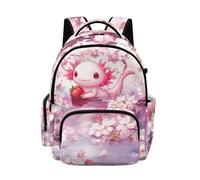 Biyejit Axolotl Cherry Blossom Strawberry Kids School Backpack Lightweight with Adjustable Shoulder Straps for Girls Elementary Middle School Travel Hiking