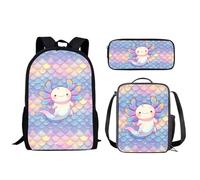Biyejit Axolotl Fish Scales Children School Bags Set 3 in 1 Backpack Lunch Bag and Pencil Case Lightweight Kids Schoolbag 17 Inches for School, Hiking, Camping, Travel