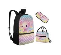 Biyejit Axolotl Fish Scales School Backpack Set 3 PCS Backpack with Lunch Bag Pencil Bag Case Lightweight 17 Inches Kids Schoolbag Daypack Back to School Gift