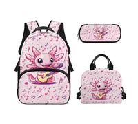 Biyejit Axolotl Guitar School Backpack Set 3 Pieces Backpack Lunch Bag and Pencil Case Water Resistant 17 Inches Bookbags for Teen Students