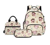 Biyejit Axolotl Music Note Print Kids Backpack Thermal Lunch Bag Pencil Case Set 3 Piece School Backpack Set for Girls Kindergarten Elementary Students