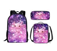 Biyejit Axolotl Patterns Children School Bags Set 3 in 1 Backpack with Lunch Bag Pencil Bag Lightweight Kids Schoolbag 17 Inches for Teen Youth Students
