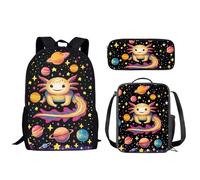 Biyejit Axolotl Planet School Backpack Set 3-in-1 Backpack with Lunch Bag Pencil Bag Lightweight Kids Schoolbag 17 Inches Daypack Gift