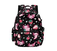 Biyejit Axolotl Strawberry Print Girls Lightweight Backpack Large School Bag with Multiple Pockets for Childrens Kids Hiking Picnic Outings, Black
