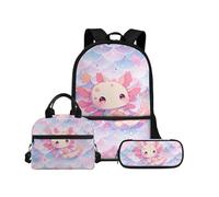 Biyejit Axolotls School Bags Set 3-in-1 Children Backpack Lunch Bag and Pencil Case Large Capacity Bookbags 17 Inches Daypack Back to School Gift