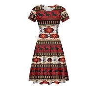 Biyejit Aztec Tribal Horse Print Women Short Sleeve Summer Dress Casual Crew Neck Flowy Flare Midi Dresses Cocktail Party Wedding Guest Dresses Size S-4XL