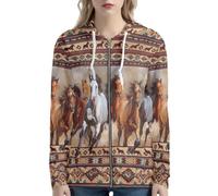 Biyejit Aztec Tribal Horse Womens Hoodie Sweatshirt Full Zip up Pullover Tops Hooded Blouses with Pocket and Drawstring Gym Workout Running Sportwear XS-5XL