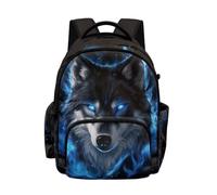 Biyejit Black Blue Wolf Kids Boys School Backpack Durable Daypack with Side Pockets and Front Zipper Pockets for Elementary