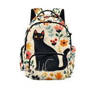 Biyejit Black Cat Floral Kids Backpack for School with 1 Side Zipper Pockets and 1 Side Pocket Lightweight Rucksack for Elementary Girls Books and Supplies